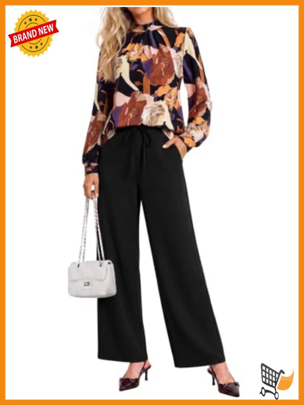 Women's 2 Piece Mock Neck Pleated Blouse & Wide Leg Pant Set